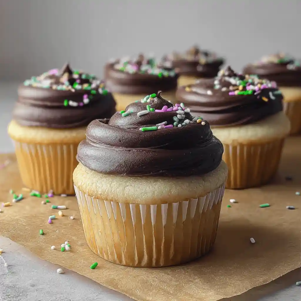 vanilla-cupcakes-chocolate-frosting- Vanilla cupcakes with chocolate frosting and rainbow sprinkles
