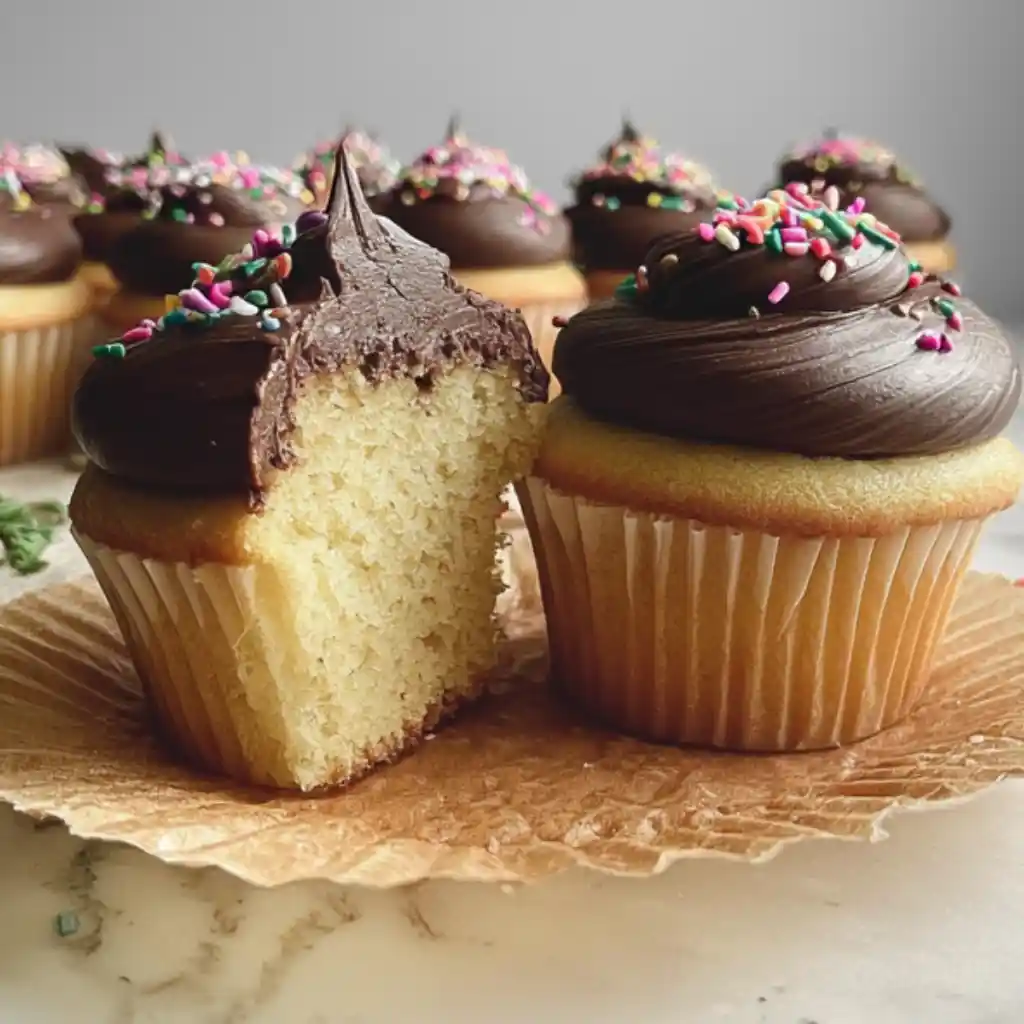 vanilla-cupcakes-chocolate-frosting Vanilla cupcakes with chocolate frosting and rainbow sprinkles