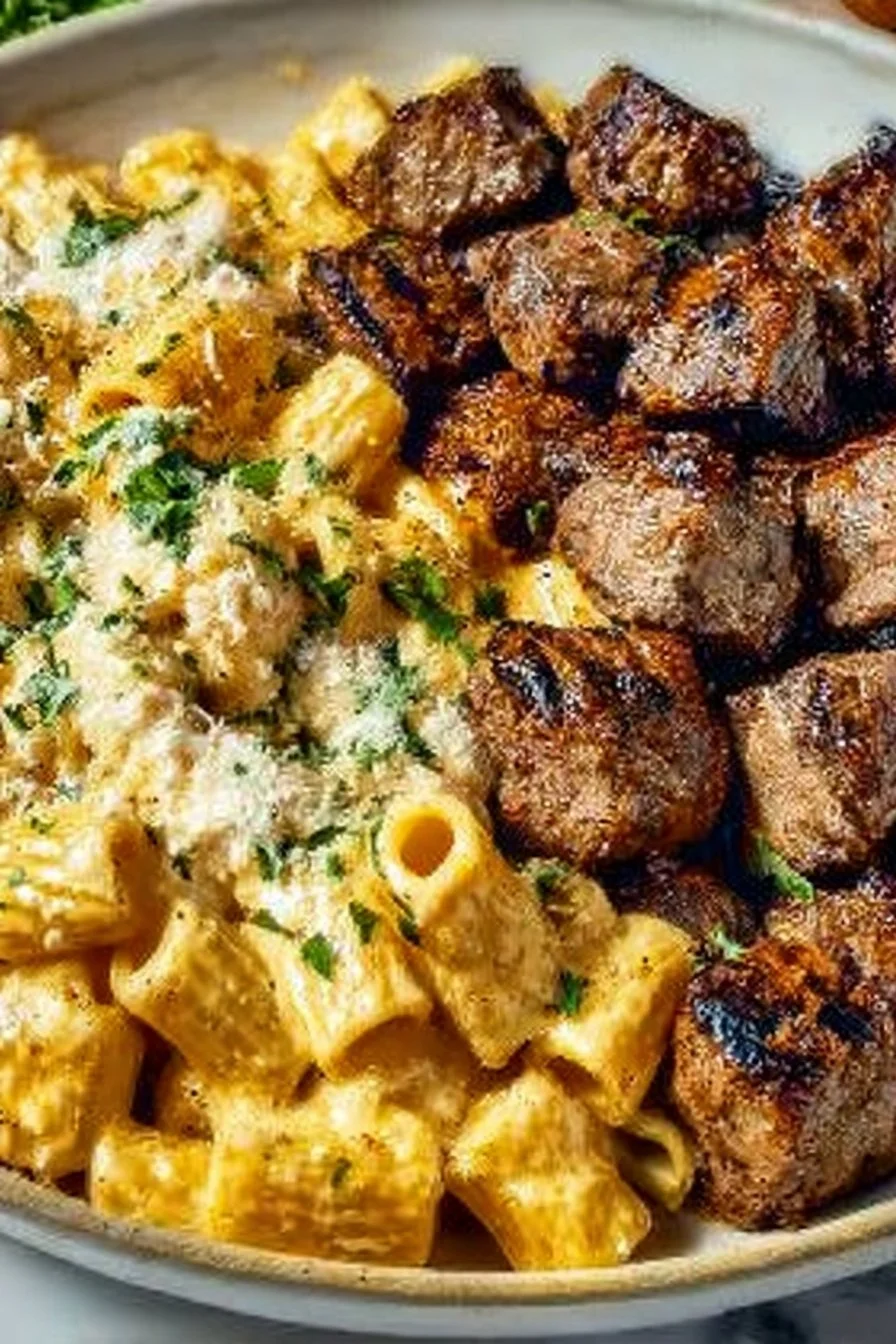 Cajun Steak Tips in Cheesy Rigatoni Parmesan Sauce
