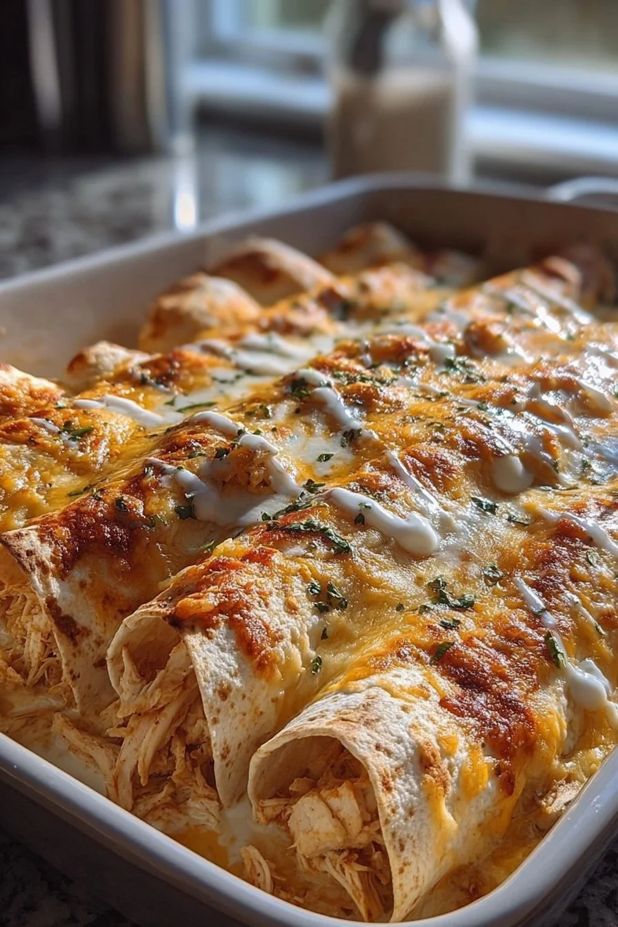 Delicious white sauce chicken enchiladas topped with creamy sauce and cheese