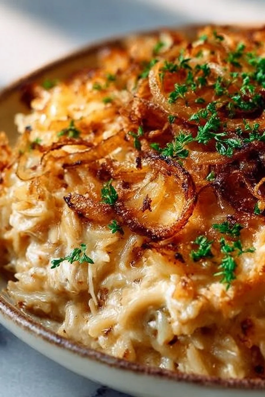 French Onion Chicken Orzo Casserole