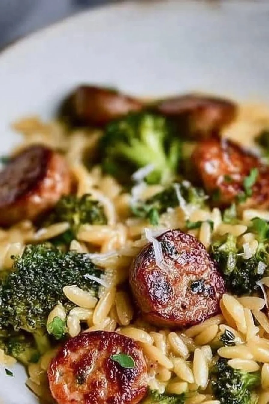 One-Pan Creamy Orzo with Chicken Sausage and Broccoli