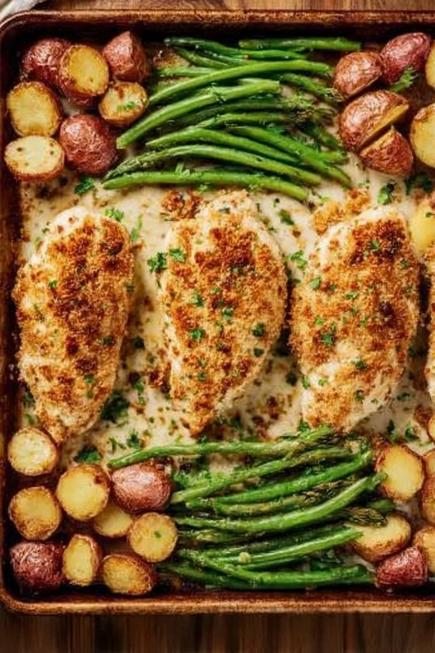 Parmesan Crusted Chicken on a sheet pan with vegetables.