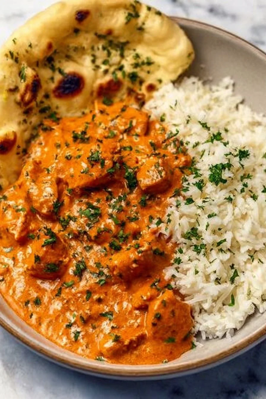 Delicious homemade butter chicken served with rice and herbs