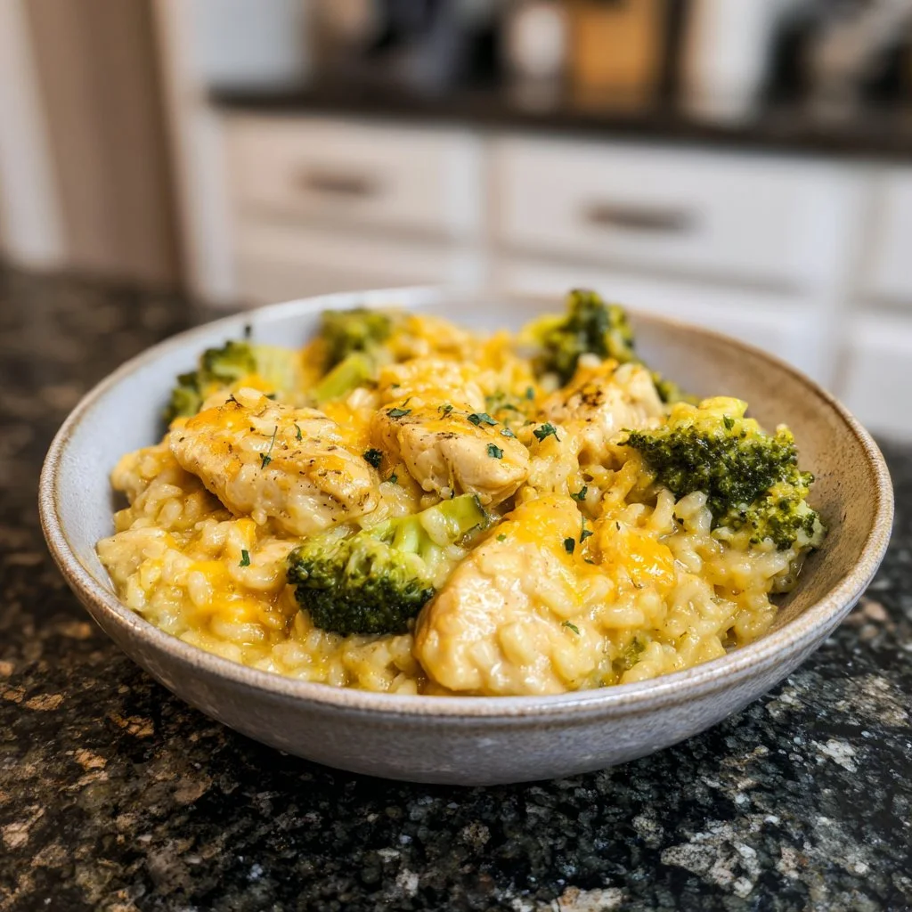 Cozy cheesy chicken and broccoli rice delight dish served in a bowl