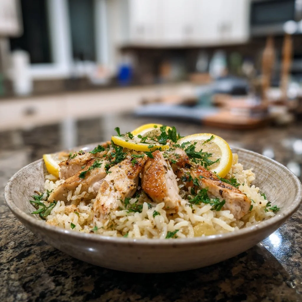 Cozy Lemon Herb Chicken served with rice for a delightful meal