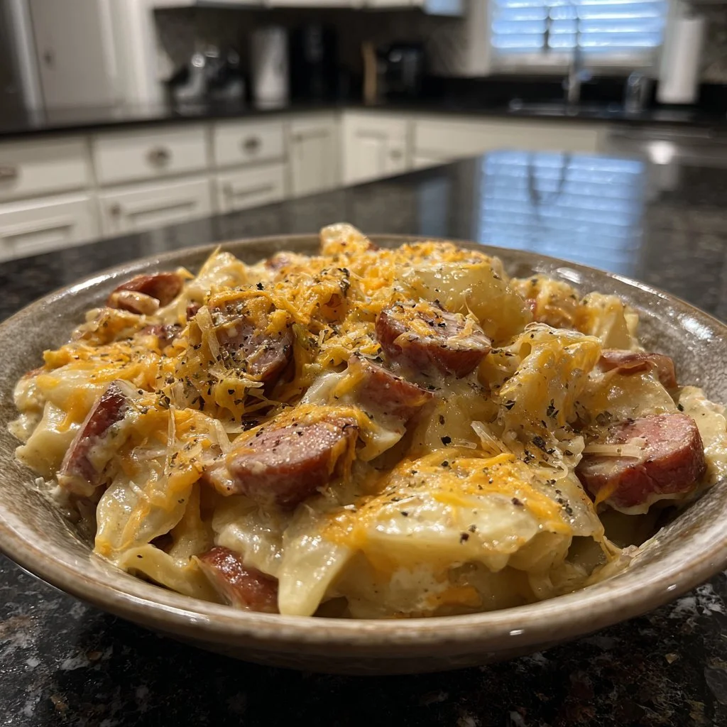 Cozy Crock Pot Pierogi Casserole with Kielbasa