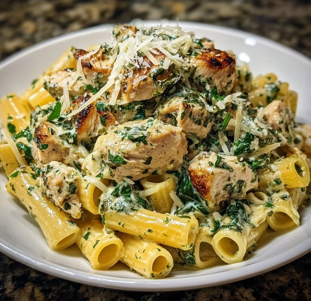 Home Page 3 Creamy pesto chicken pasta dish with vibrant herbs and grilled chicken.