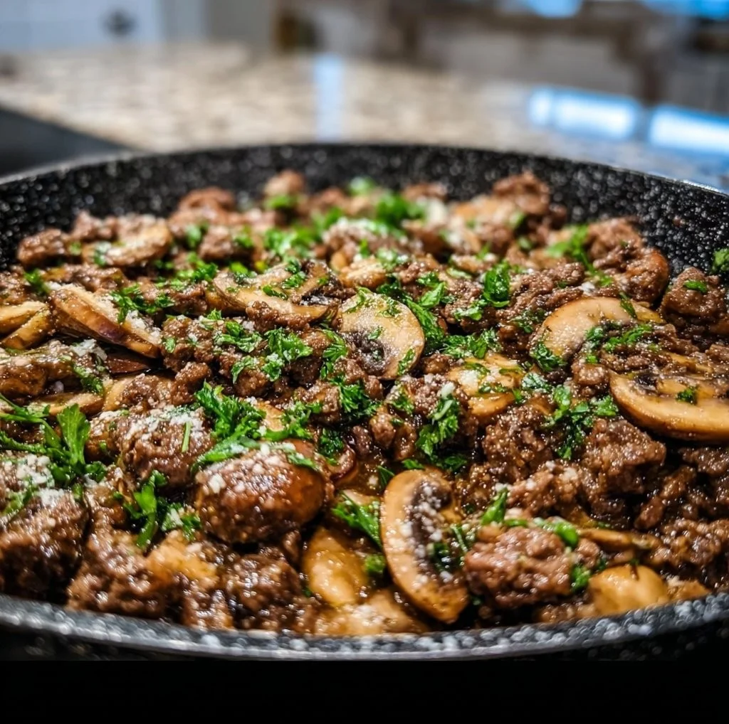 Home Page 1 One Pan Beef and Mushroom Skillet Dinner featuring savory beef and mushrooms.