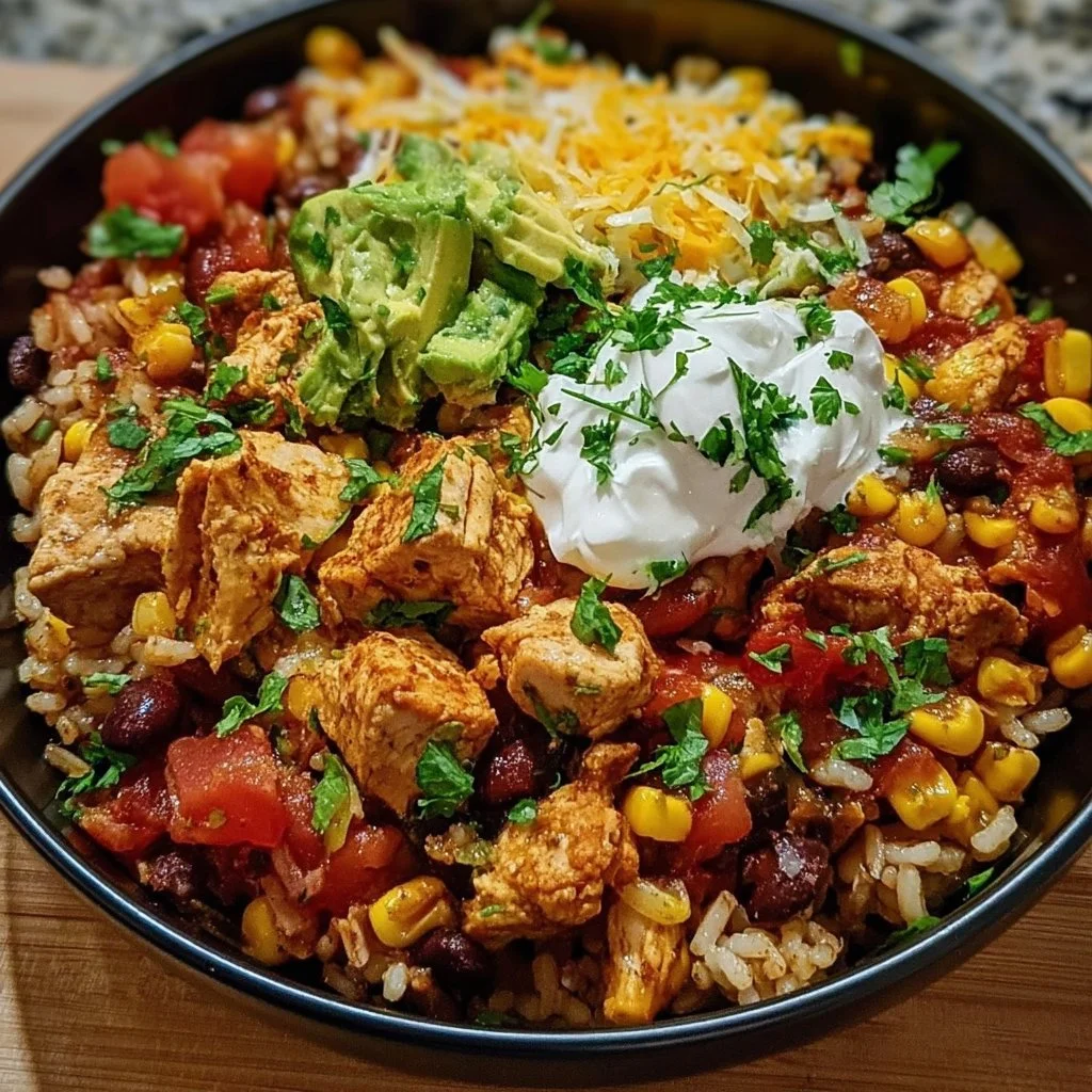 Home Page 2 One Pan Chicken Burrito Bowl with colorful ingredients and flavorful spices.