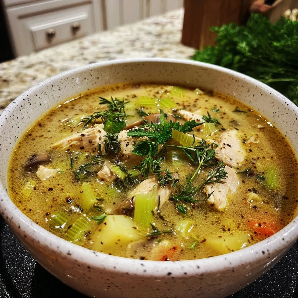 Home Page 2 Bowl of spring chicken and leek soup with fresh vegetables