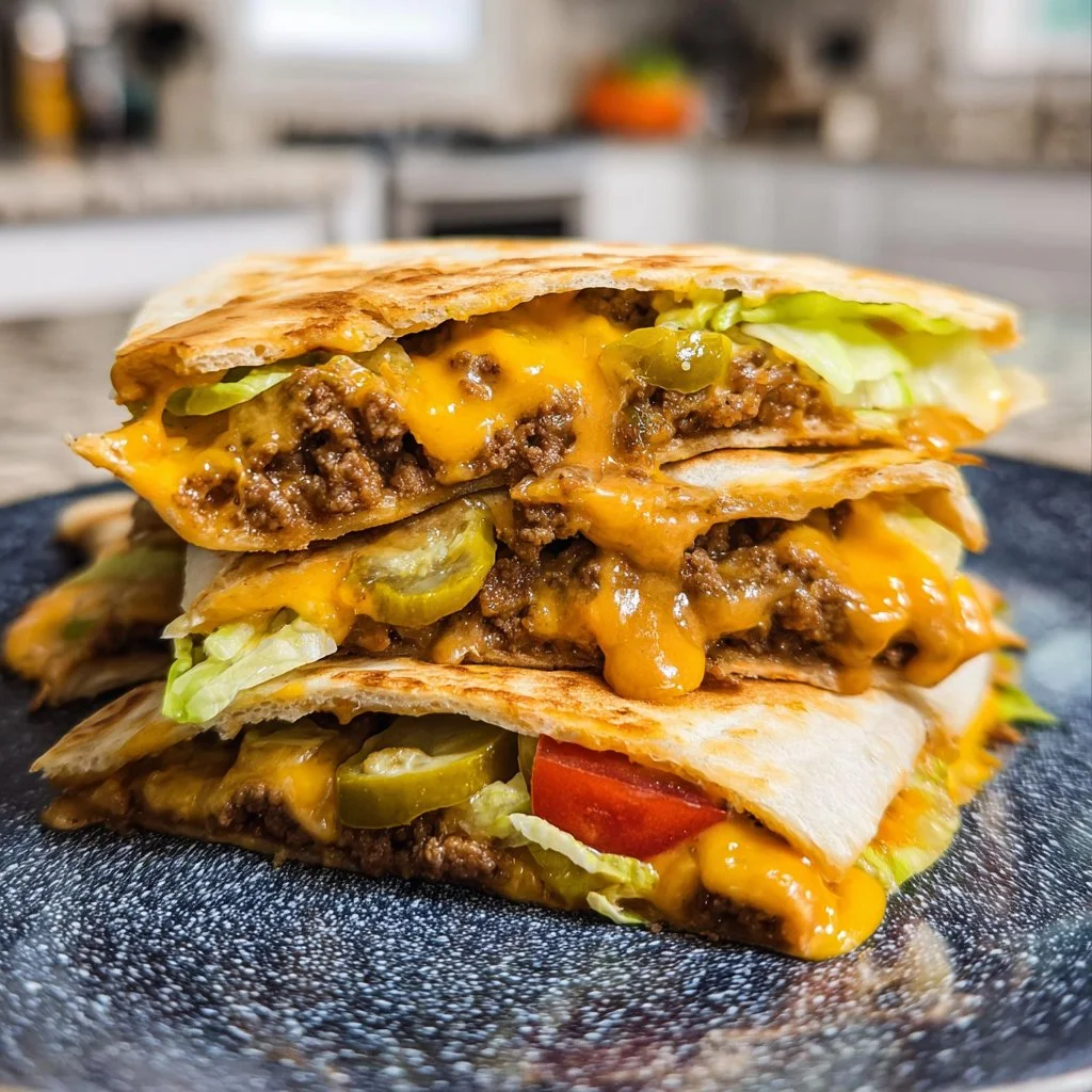 Delicious cheeseburger quesadillas with ground beef and melted cheese