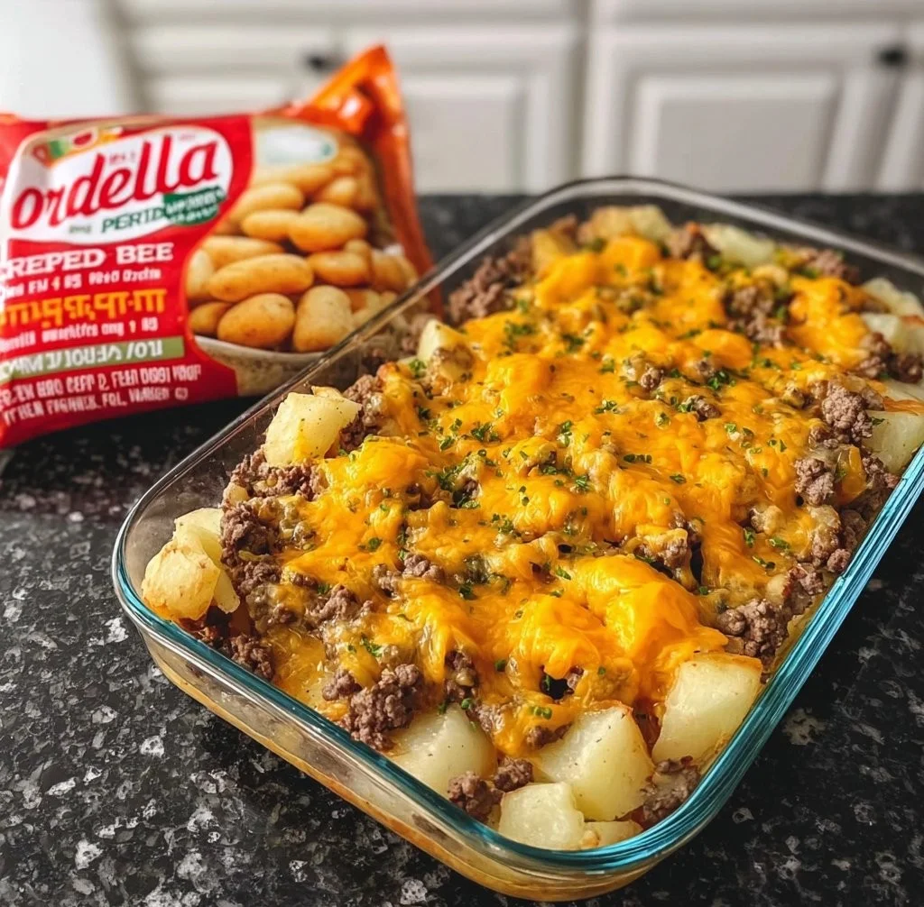 Cheesy Ground Beef & Potato Casserole topped with melted cheese and fresh herbs