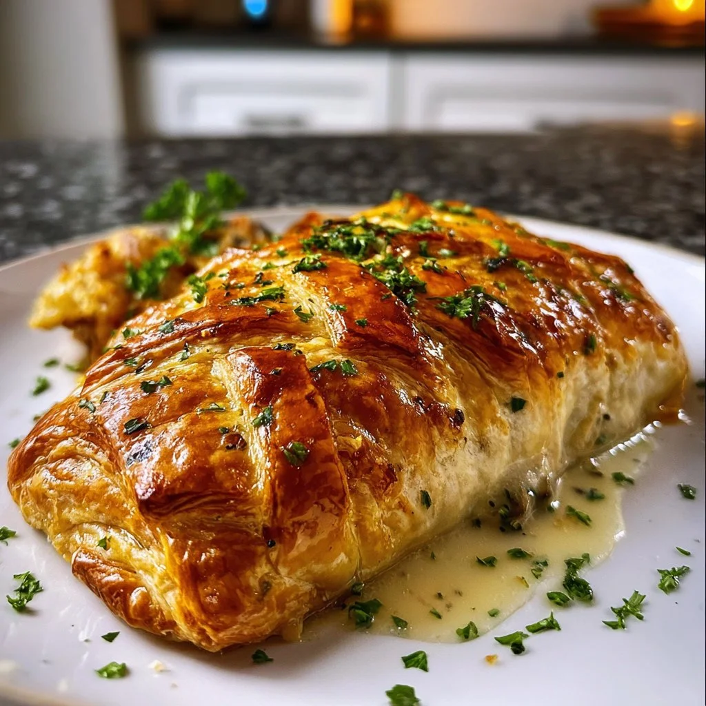 Delicious Chicken Wellington cooked to perfection, served with fresh herbs.