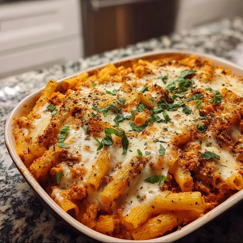 Creamy baked mostaccioli with ricotta in a ceramic dish, topped with cheese.