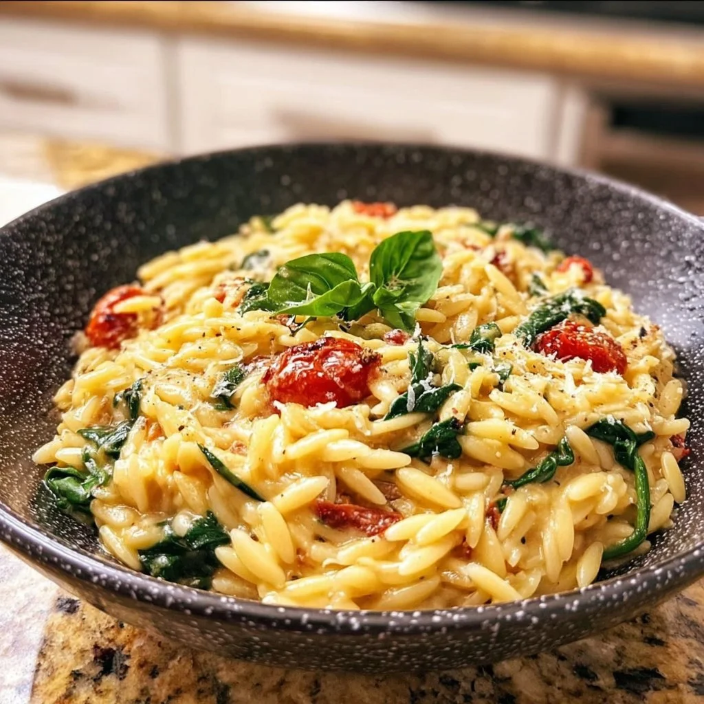 Creamy Tuscan Orzo pasta dish with fresh ingredients