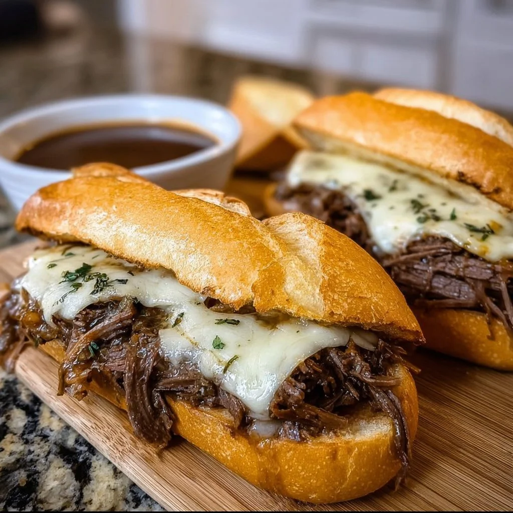 Crockpot French Dip Sandwiches with juicy beef and savory broth
