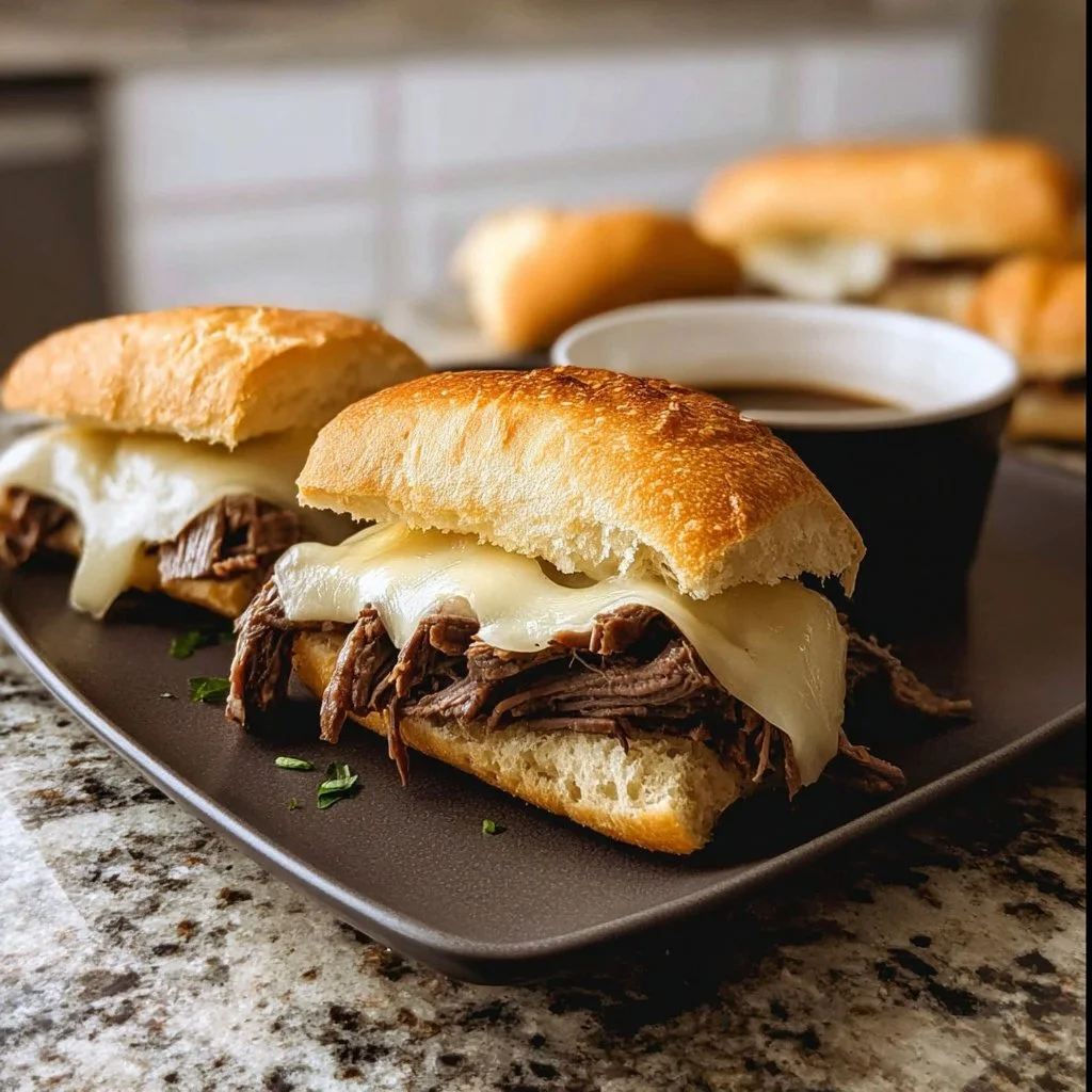 Home Page 4 Crockpot French Dip Sandwiches with tender beef and au jus sauce