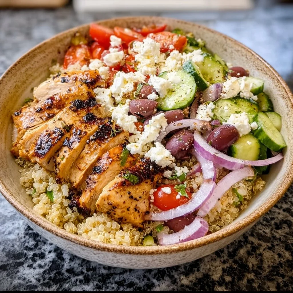 Delicious Greek Chicken Bowl with fresh vegetables and flavorful sauce