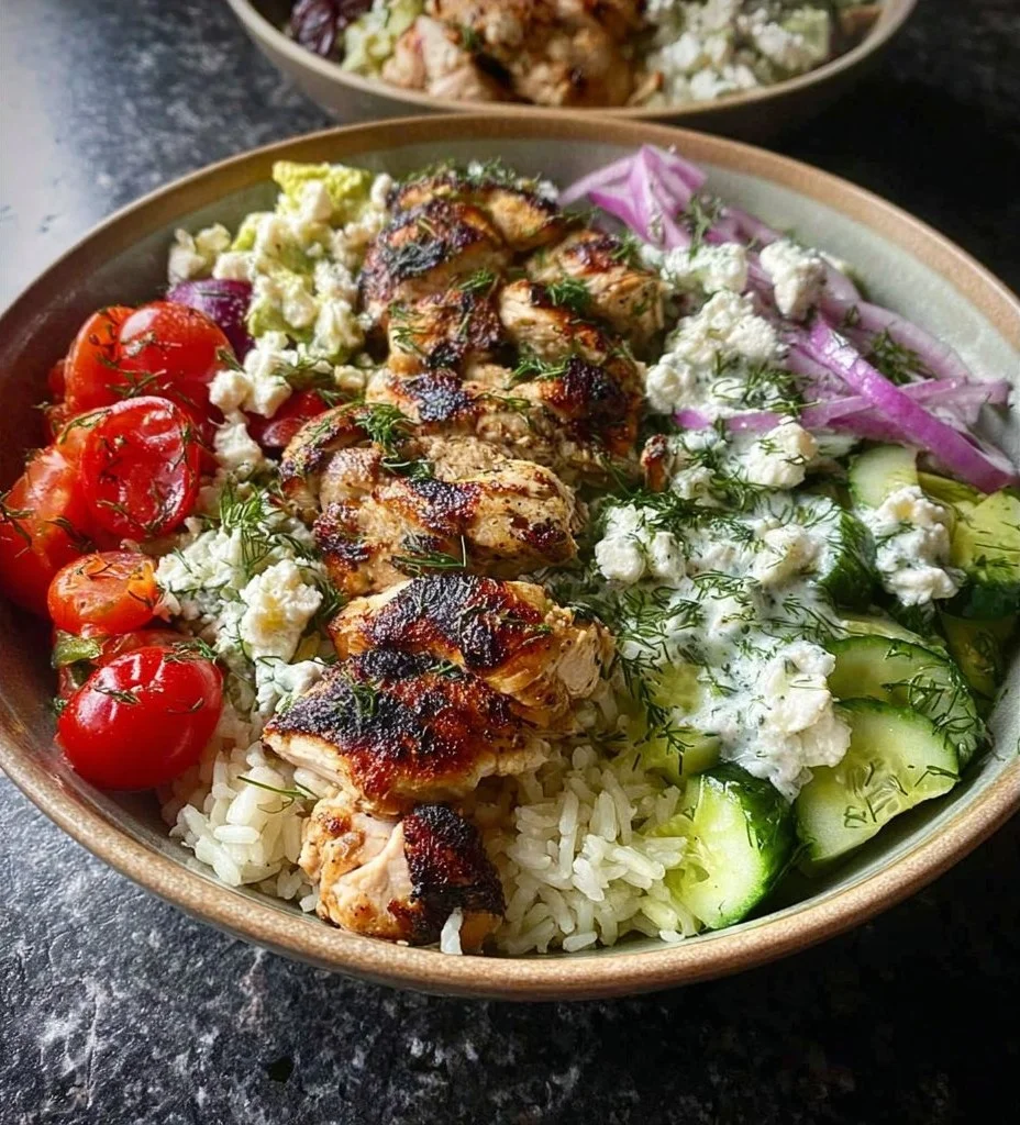 Delicious Greek Chicken bowl with fresh veggies and Mediterranean flavors