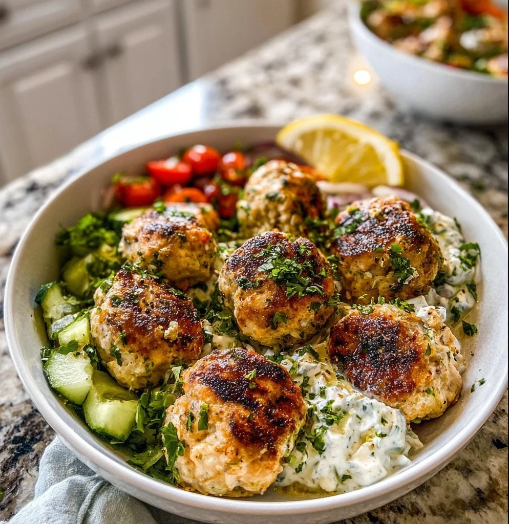 Delicious Greek chicken meatballs served with tzatziki sauce and herbs