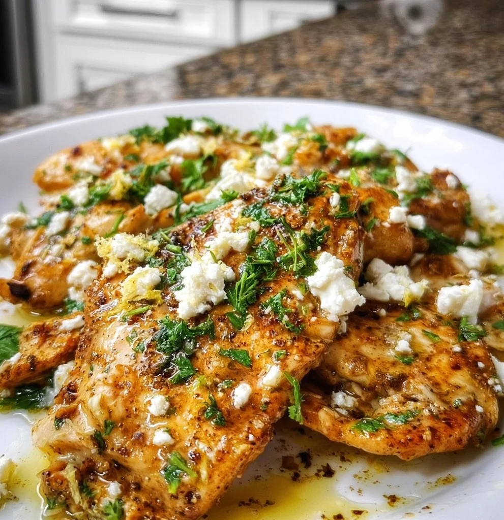 Greek Chicken with Lemon and Feta served on a plate