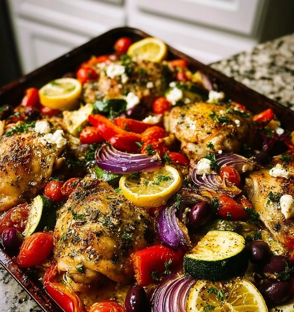 Delicious Greek Sheet Pan Chicken with vegetables on a baking tray