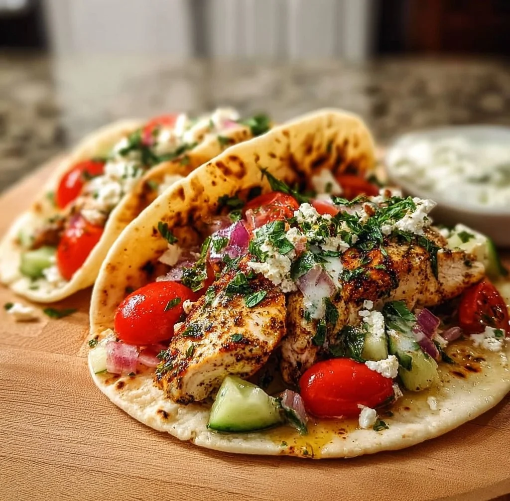 Grilled Mediterranean Chicken Tacos topped with fresh vegetables and herbs