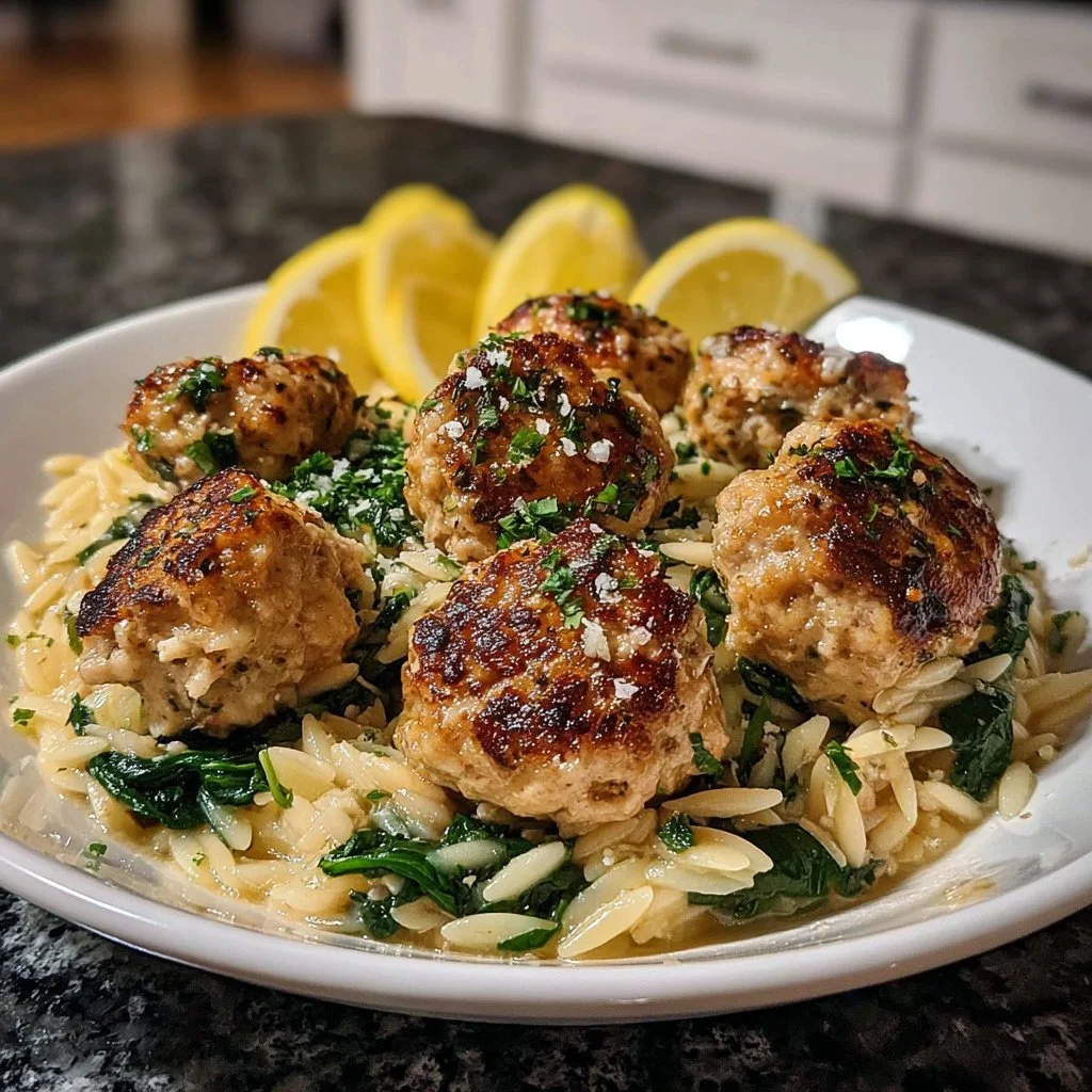 Juicy chicken and ricotta meatballs served over garlic spinach orzo