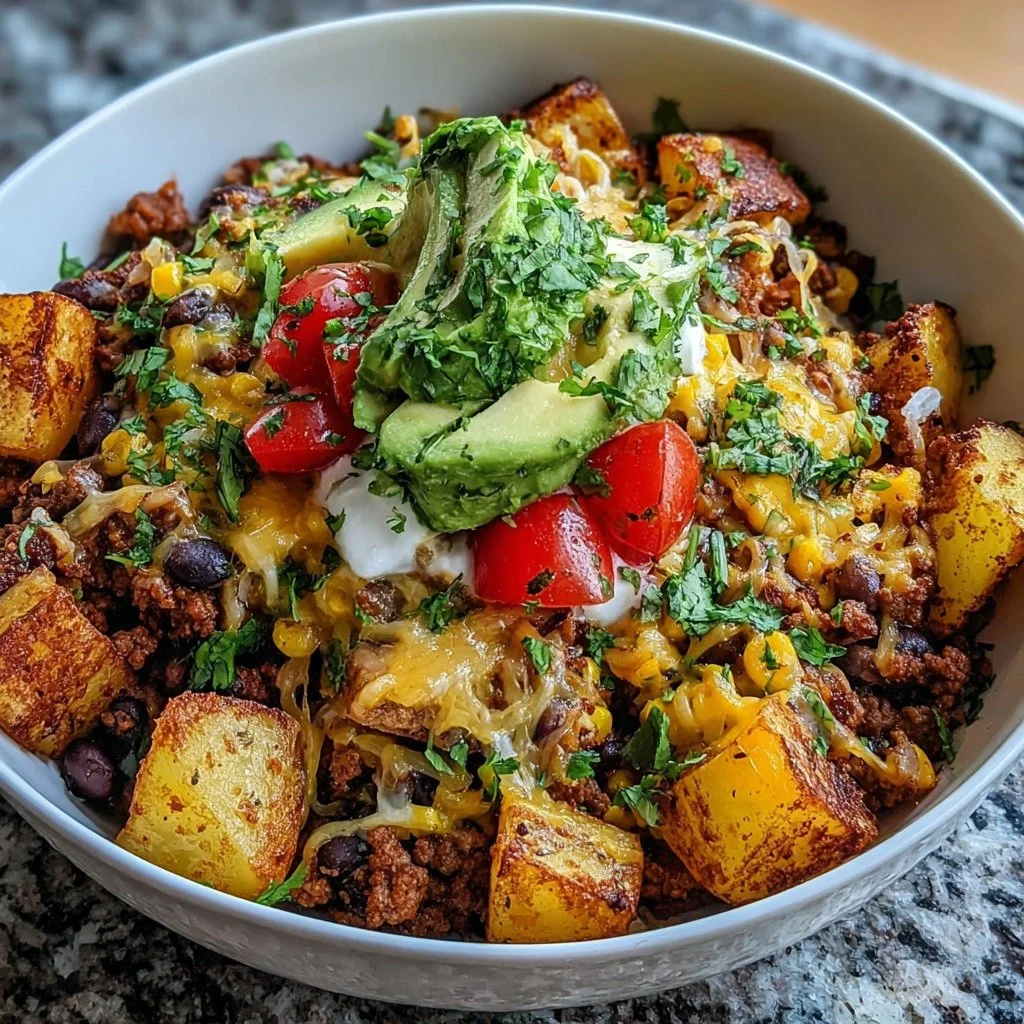Loaded Potato Taco Bowl garnished with fresh toppings in a bowl