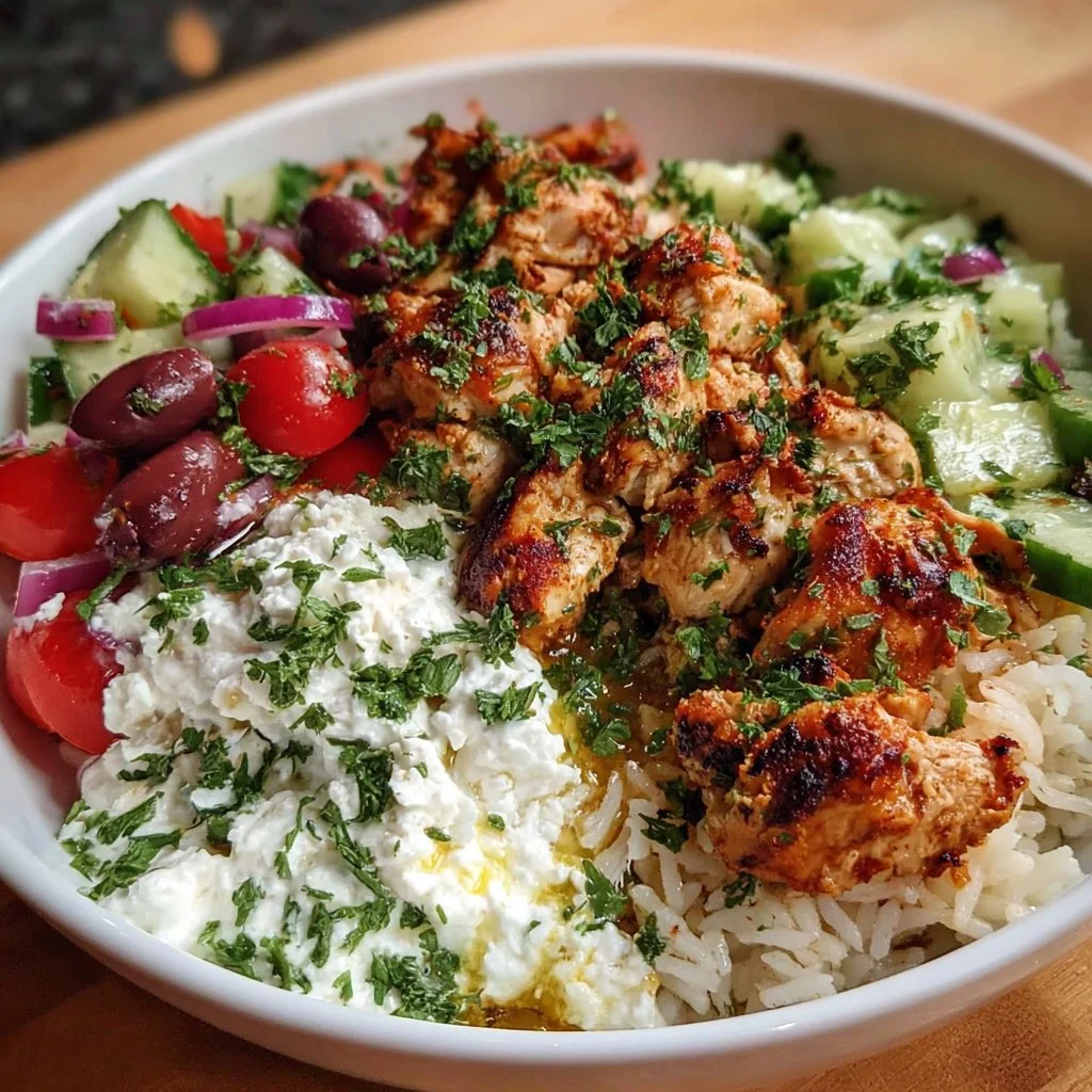 Mediterranean Chicken Bowl with fresh vegetables and ingredients