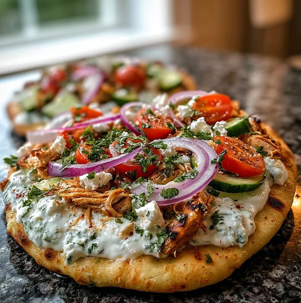 Mediterranean chicken naan pizzas with fresh toppings and herbs