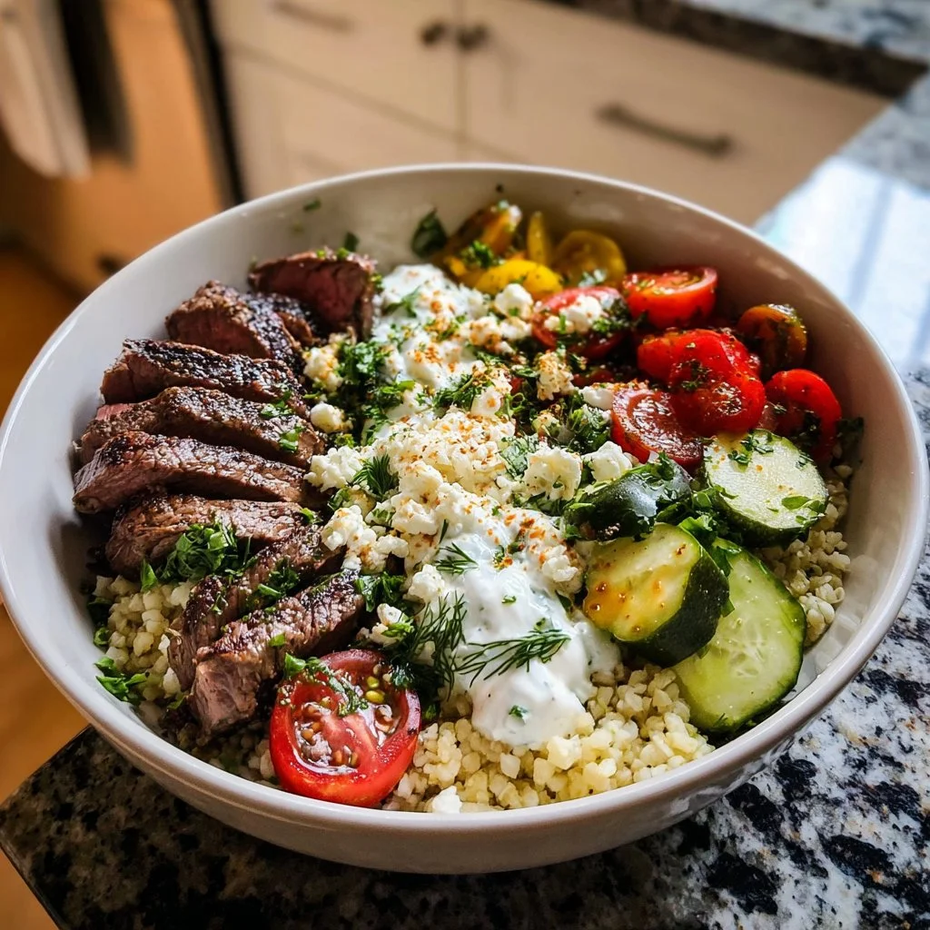 Mediterranean steak bowl with fresh vegetables and grilled steak