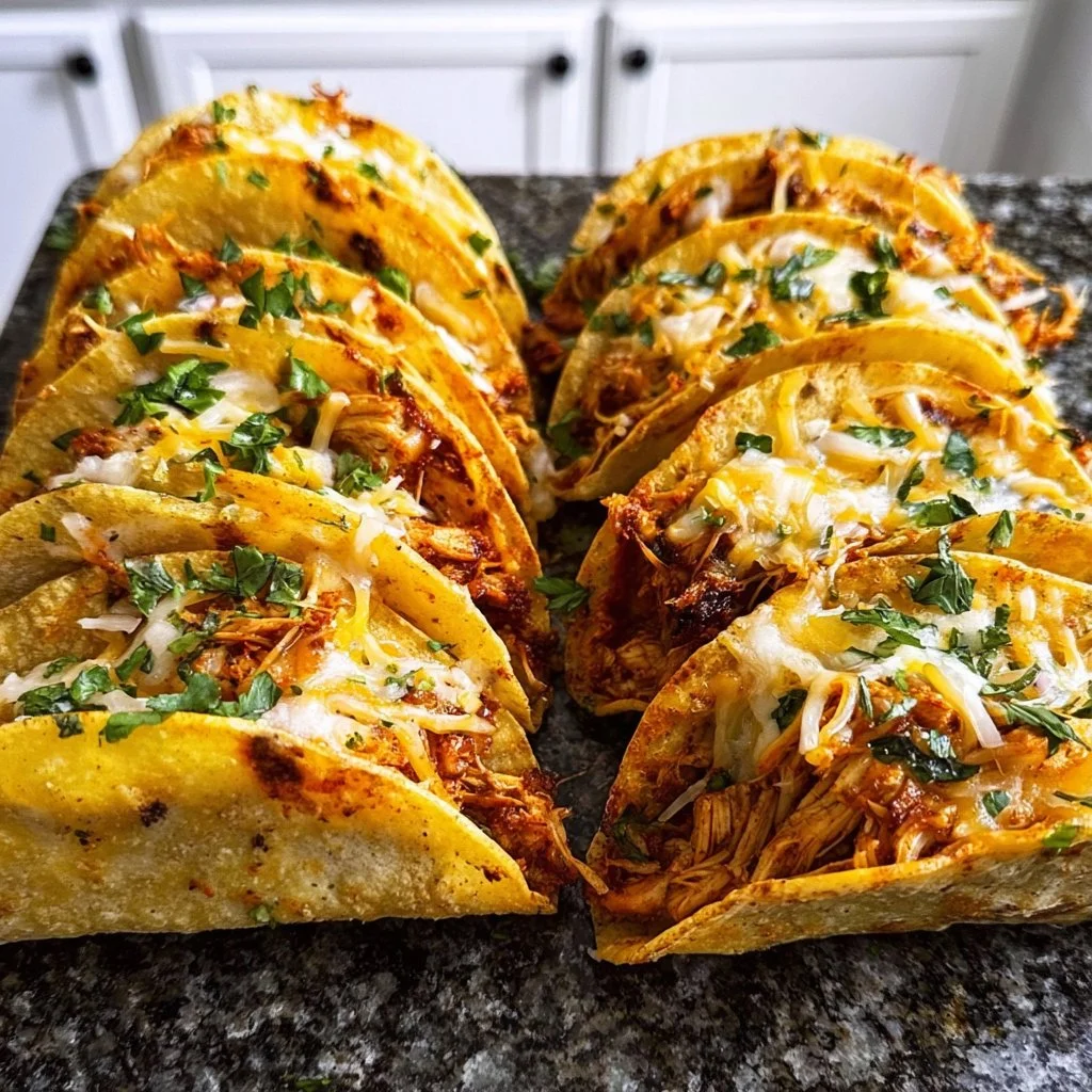 Mini baked chicken tacos served on a platter with toppings