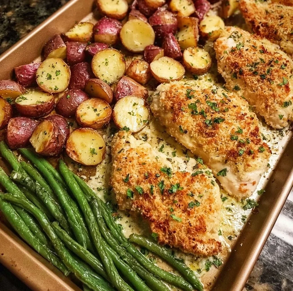 Parmesan Crusted Chicken Sheet Pan Dinner ready to serve with veggies