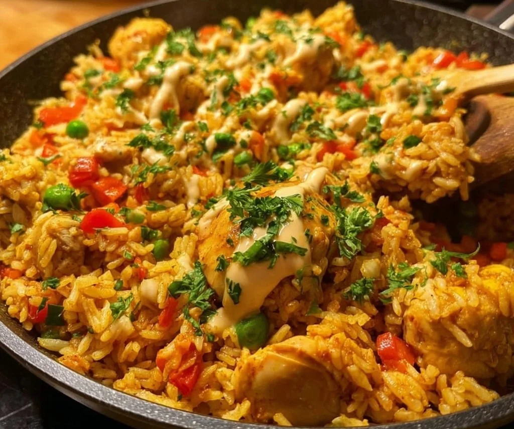 Plate of spicy Portuguese chicken served with flavorful rice