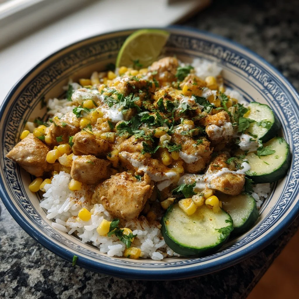 Street Corn Chicken Rice Bowl garnished with fresh cilantro and lime wedges