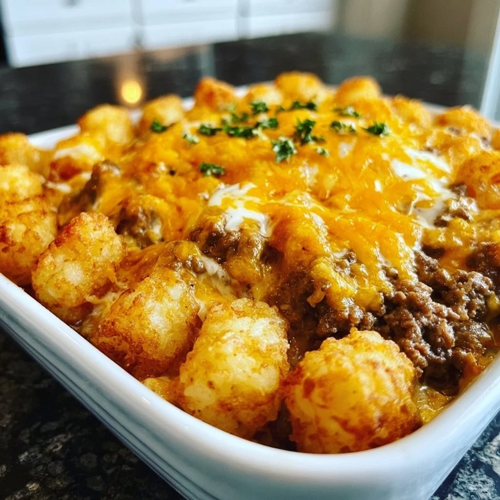 Delicious Tater Tot Casserole with Ground Beef topped with crispy tater tots
