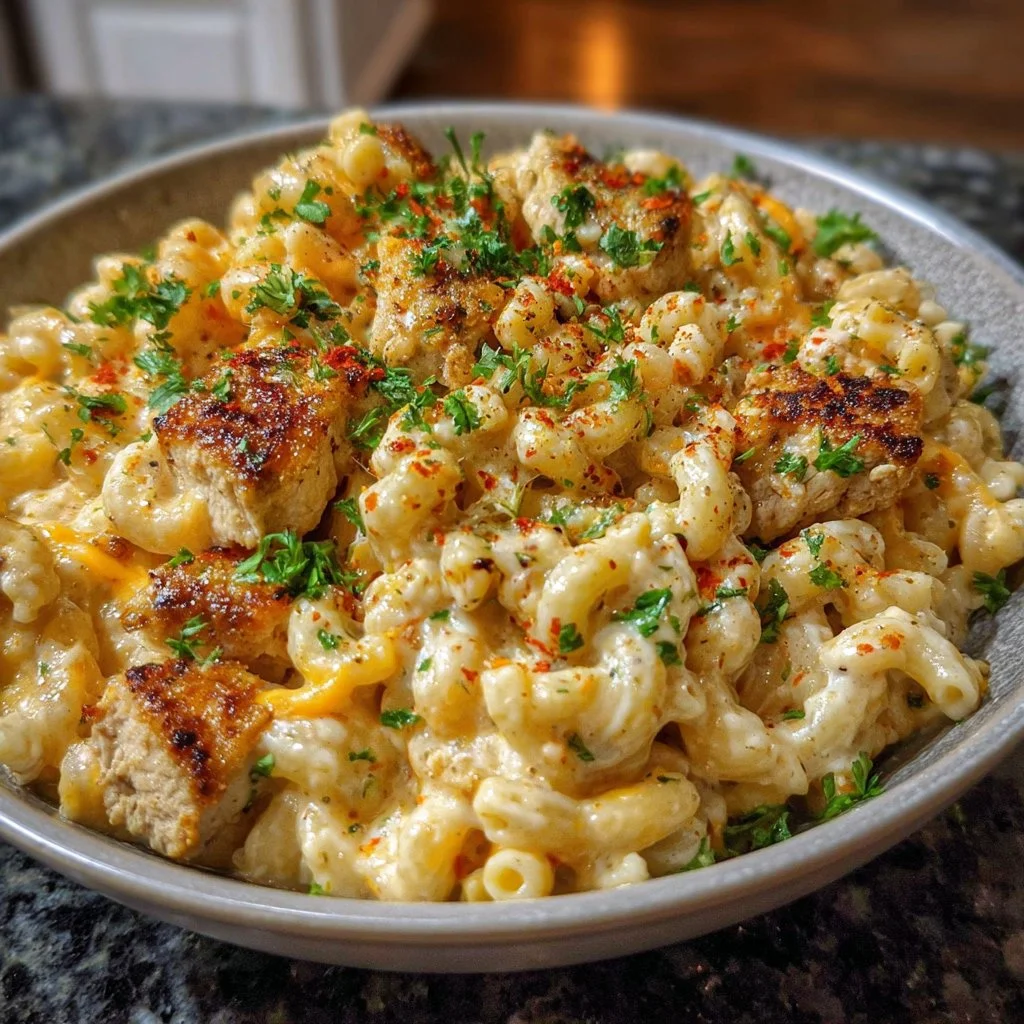Delicious serving of Cajun Chicken Macaroni and Cheese topped with herbs.