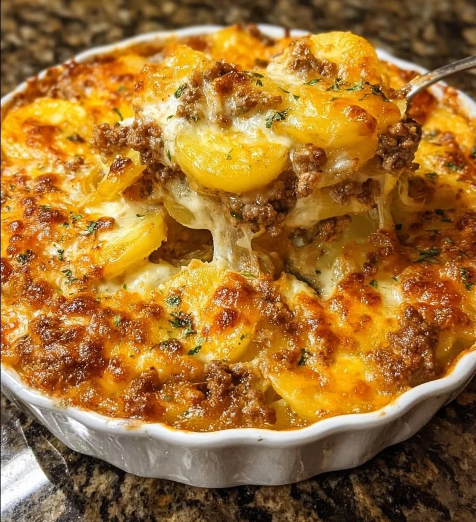 Cheesy hamburger potato casserole with melted cheese and tender potatoes