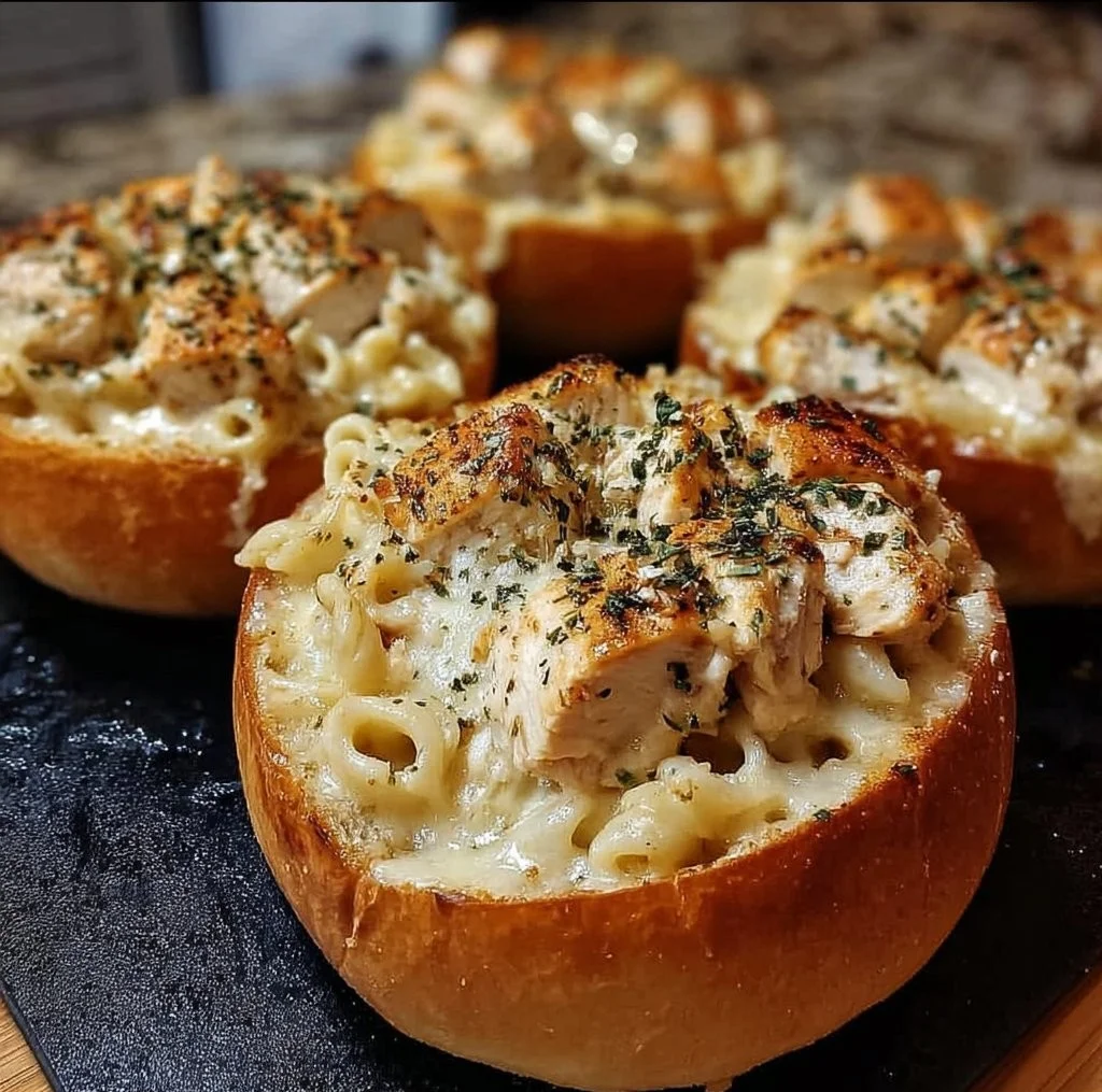 Chicken Alfredo Garlic Bread Bowls with creamy sauce and tender chicken