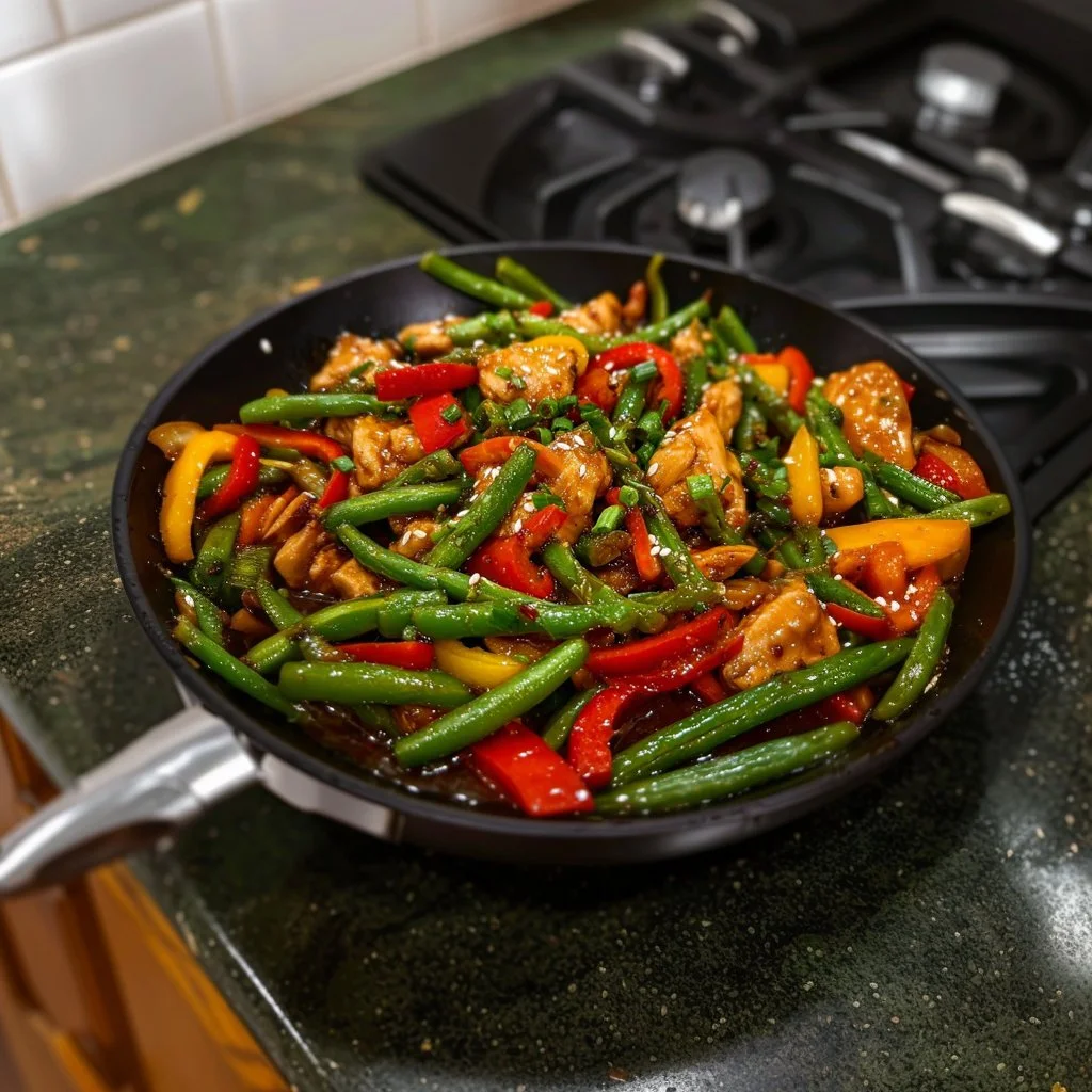 Chicken and green bean stir fry dish garnished and ready to serve