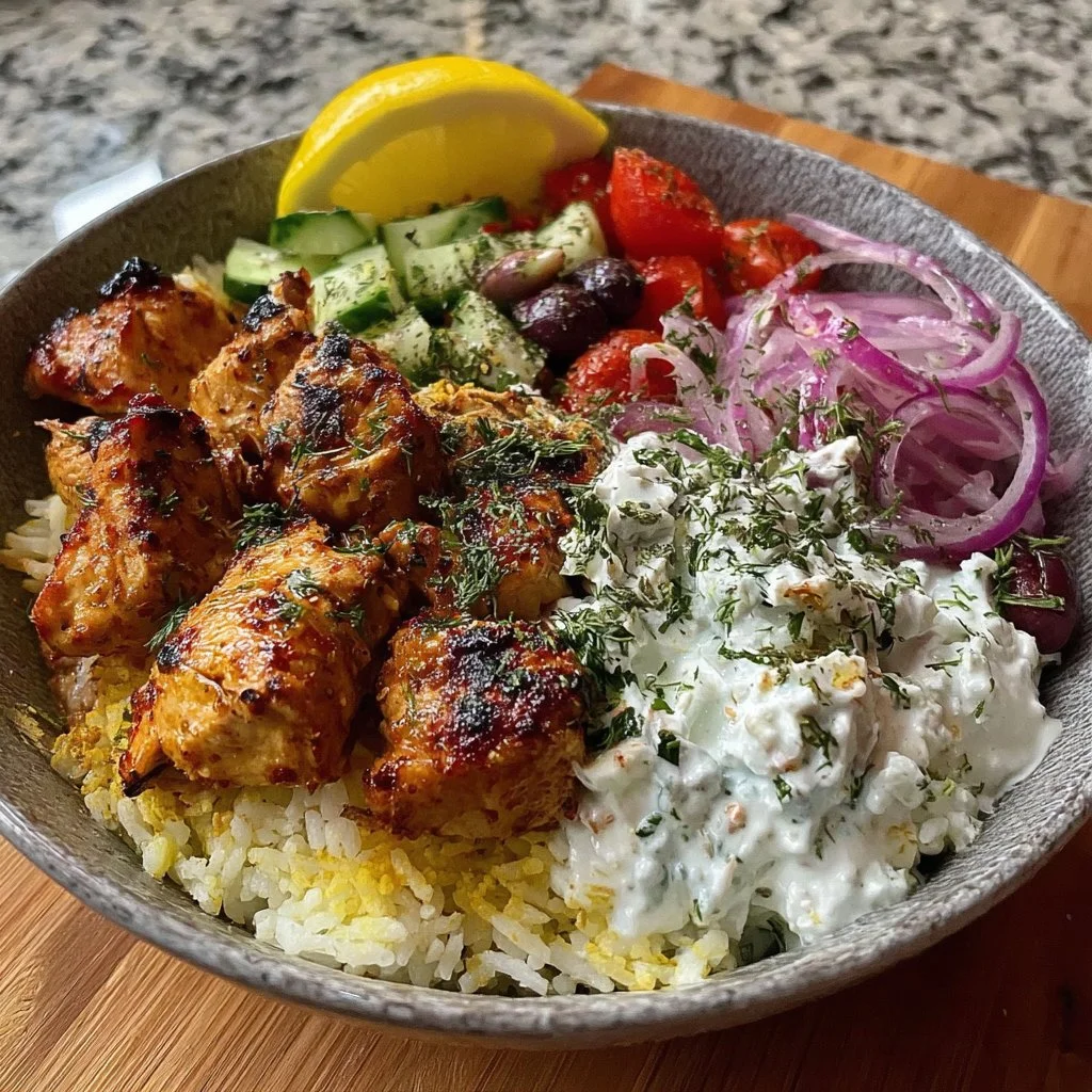 Chicken Souvlaki Bowl with marinated chicken, fresh vegetables, and sauce