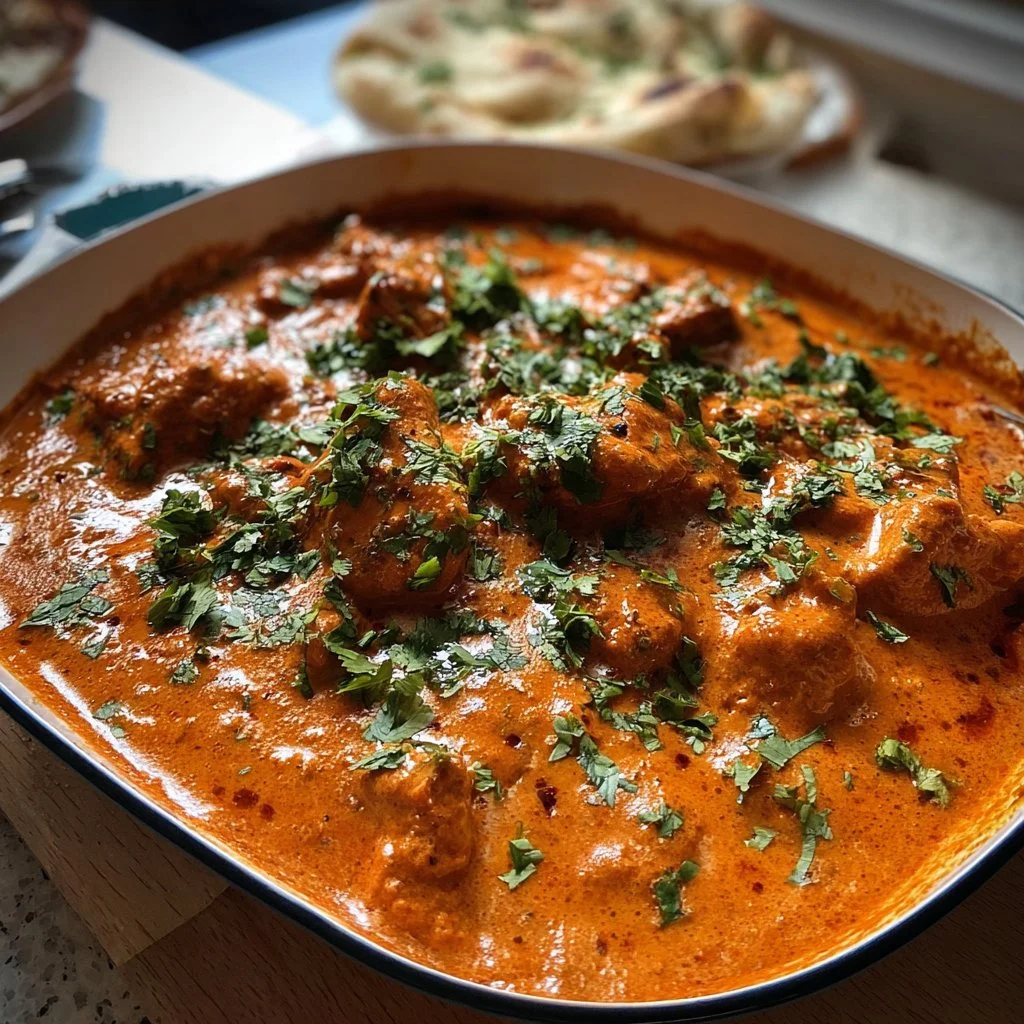 Delicious Chicken Tikka Masala served with rice and naan bread
