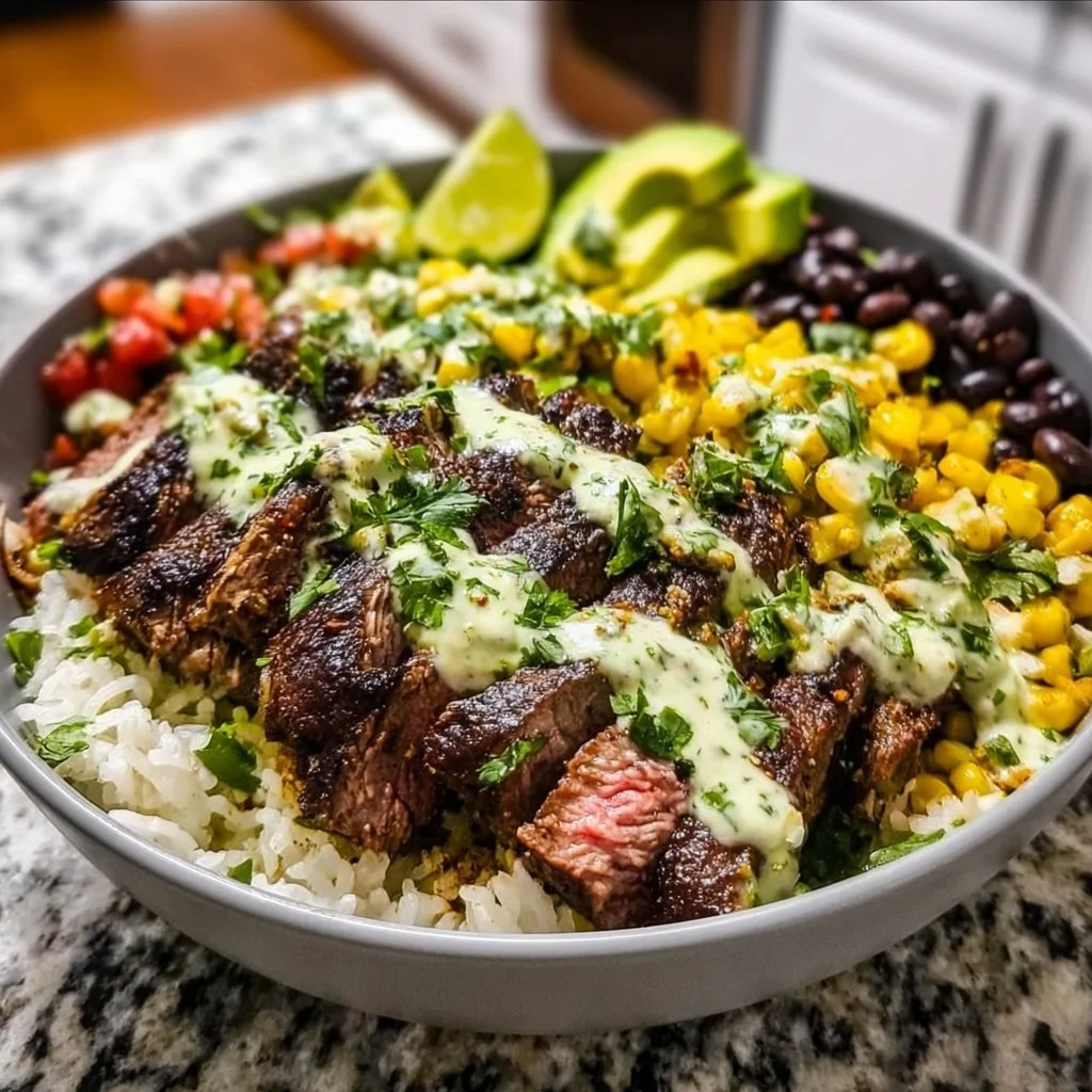 Cilantro lime steak bowl with rice, veggies, and lime garnish on a plate