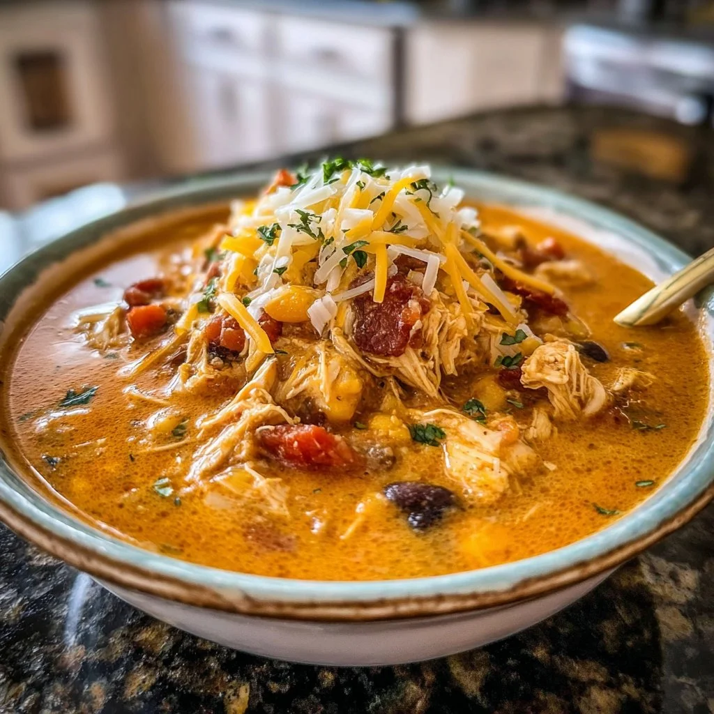 Bowl of Classic Slow Cooker Crack Chicken Chili topped with cheese and green onions.
