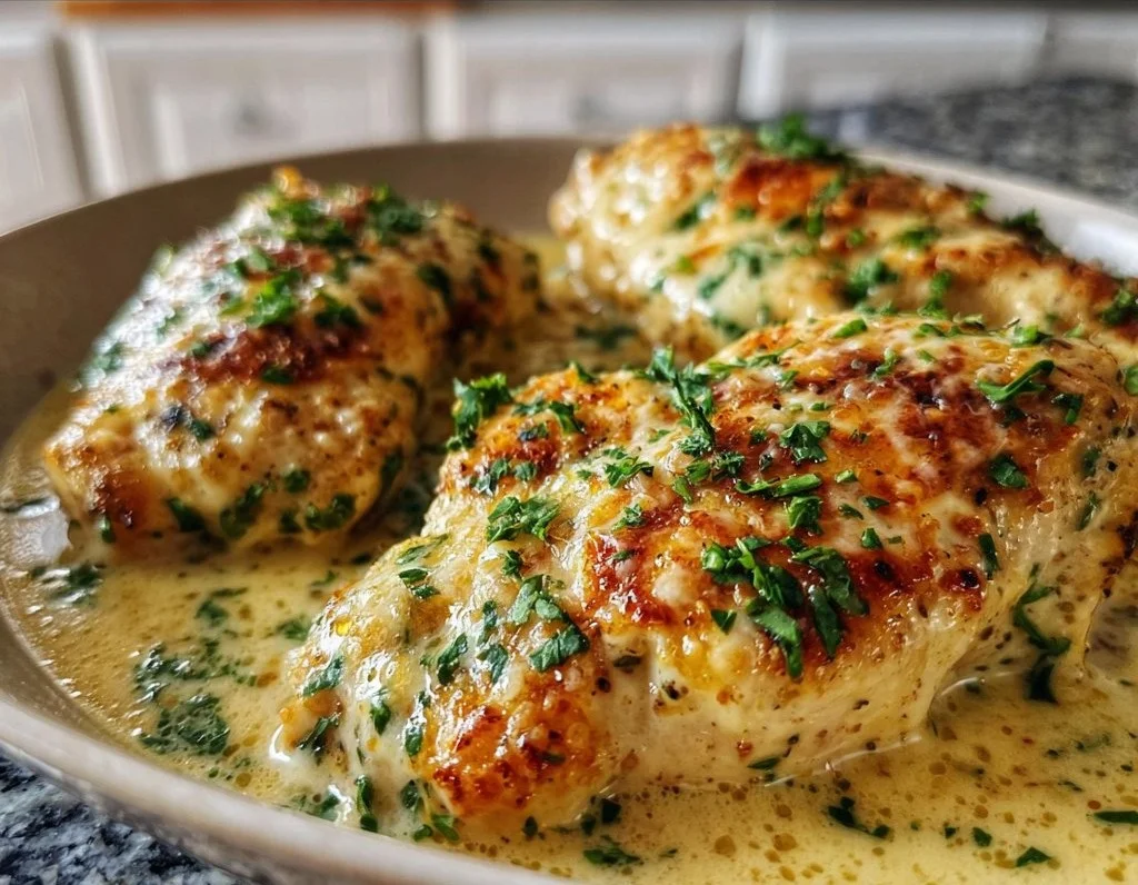 Creamy chicken dish garnished with herbs and served on a plate