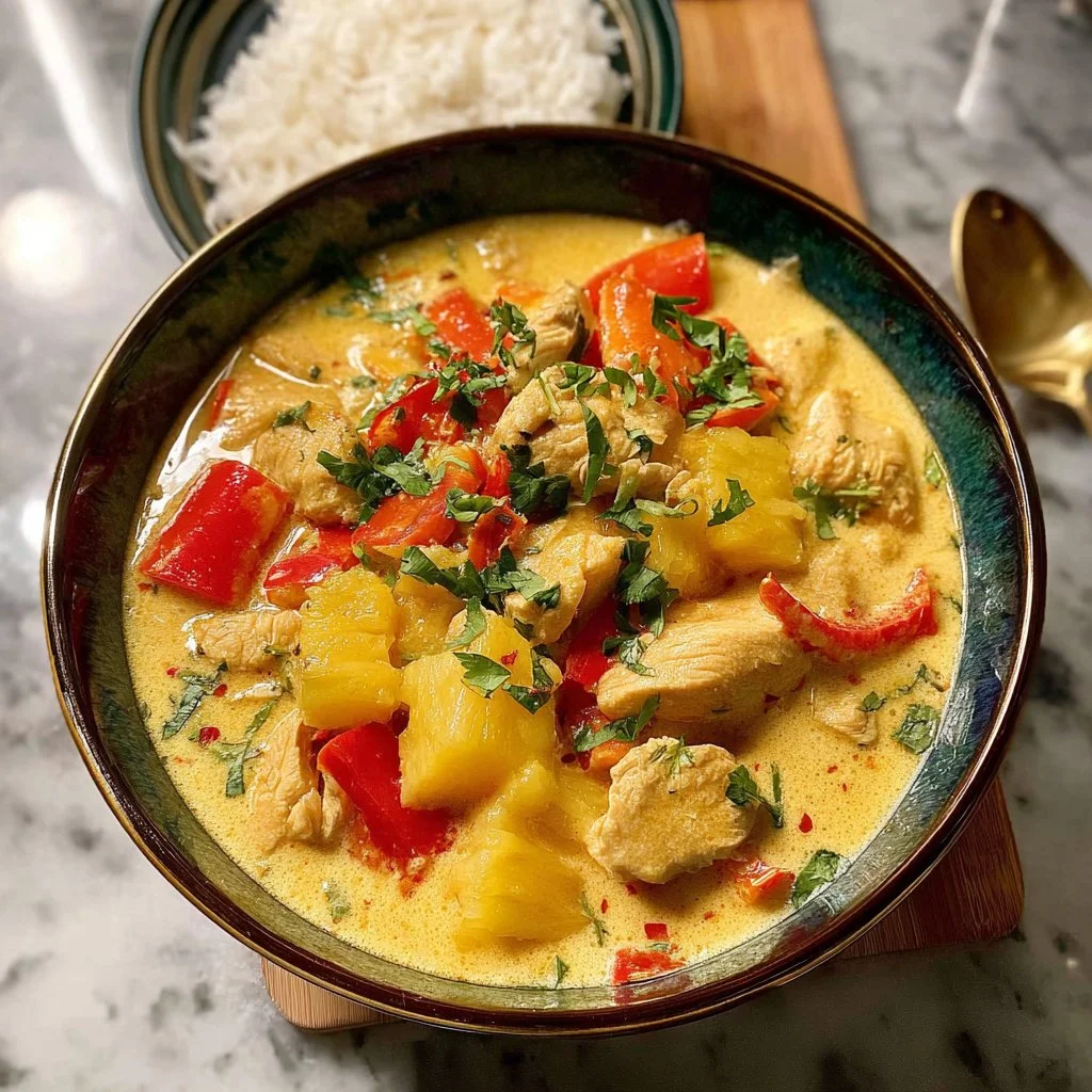 Creamy chicken pineapple curry dish served in a bowl with rice