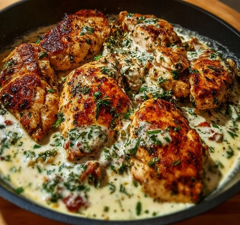Creamy Turkish Chicken served on a plate with fresh herbs