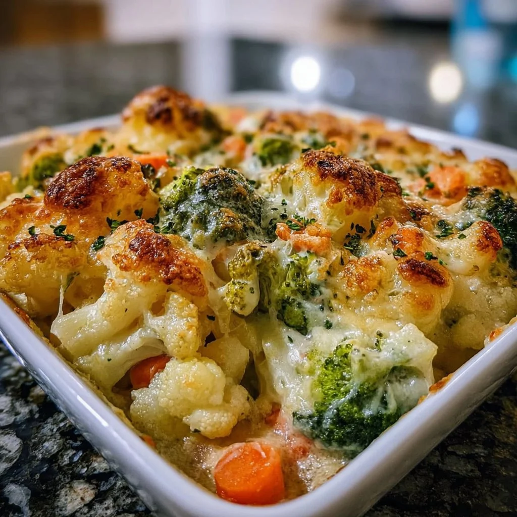 Creamy Winter Vegetable Casserole topped with fresh herbs and cheese.